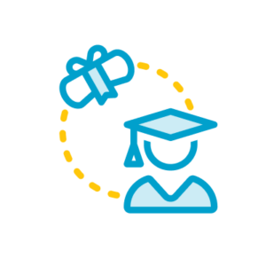 Icon of a human figure wearing a graduation cap with a rolled-up scroll above and to the left, connected by a dotted yellow line.