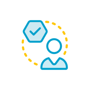 Abstract icon of a human figure and a hexagon with a checkmark, connected by a yellow dashed arc.