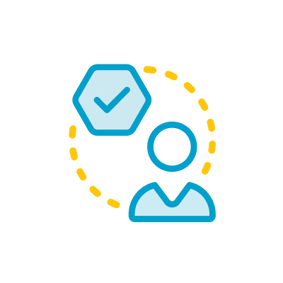 Abstract icon of a human figure and a hexagon with a checkmark, connected by a yellow dashed arc.