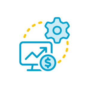 Illustration of a computer monitor with a graph, a dollar sign coin, and a gear connected by a dashed semicircular line.