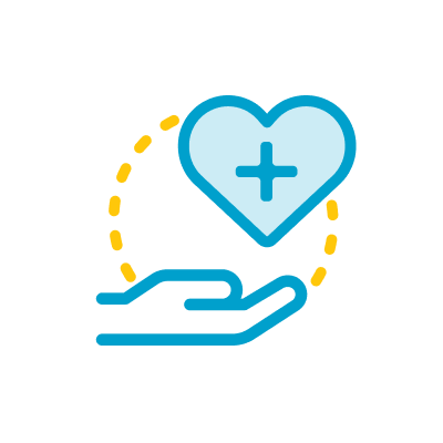 Blue hand icon with an open palm holding a light blue heart with a cross, surrounded by yellow dashes.