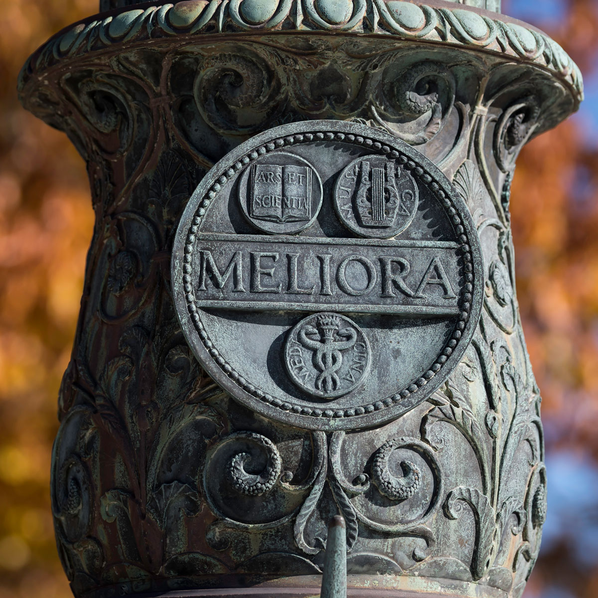 The Meliora insignia on a flagpole on the University of Rochester campus