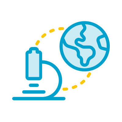 Illustration of a microscope and a globe connected by a yellow dotted line.