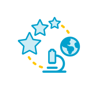 Stylized graphic of a globe, microscope, three stars, and yellow dotted arc.