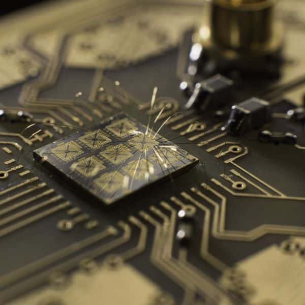 A close-up picture of an electronic semiconductor chip