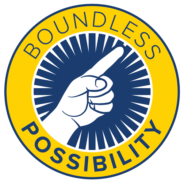 Circular logo with a hand pointing upward and the words "BOUNDLESS POSSIBILITY."