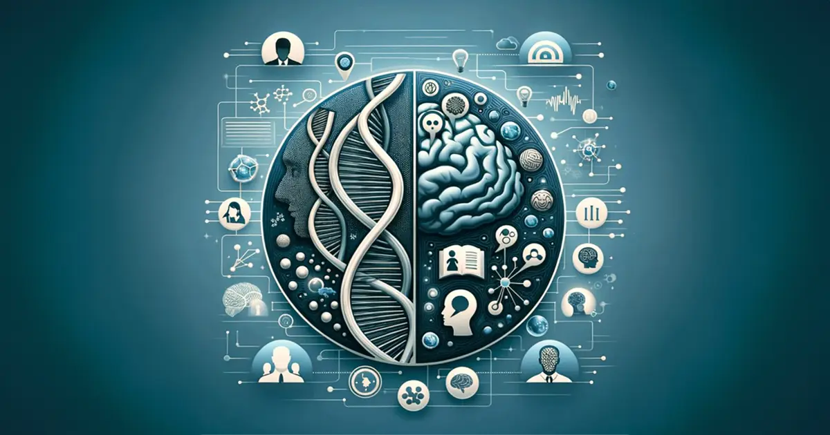 Illustration combining DNA and brain imagery with scientific symbols.