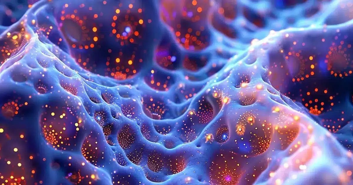 Abstract image of a textured surface with blue and purple hues, scattered with glowing orange particles.