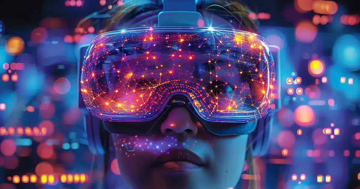 A woman wearing virtual reality goggles, immersed in a vibrant cityscape, exploring a digital world.