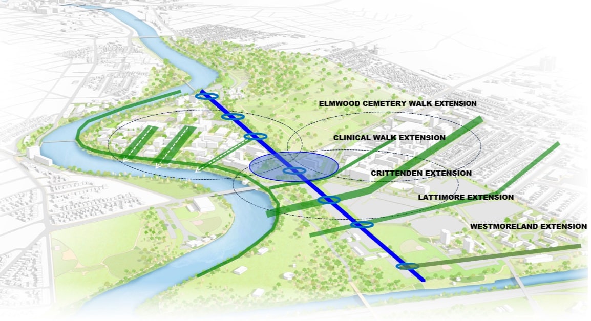 A detailed map illustrating the proposed route for the new bridge, sourced from the University of Rochester.